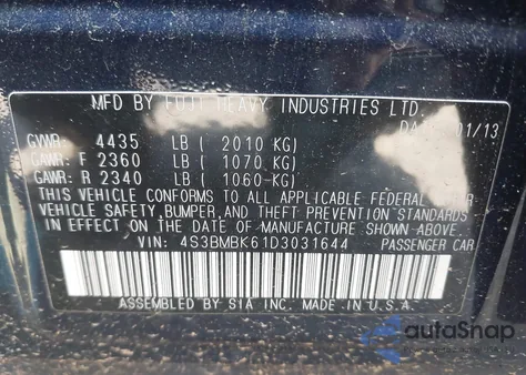 2013 Subaru Legacy 2.5I Limited z USA, uszkodzony, nr VIN 4S3BMBK61D3031644